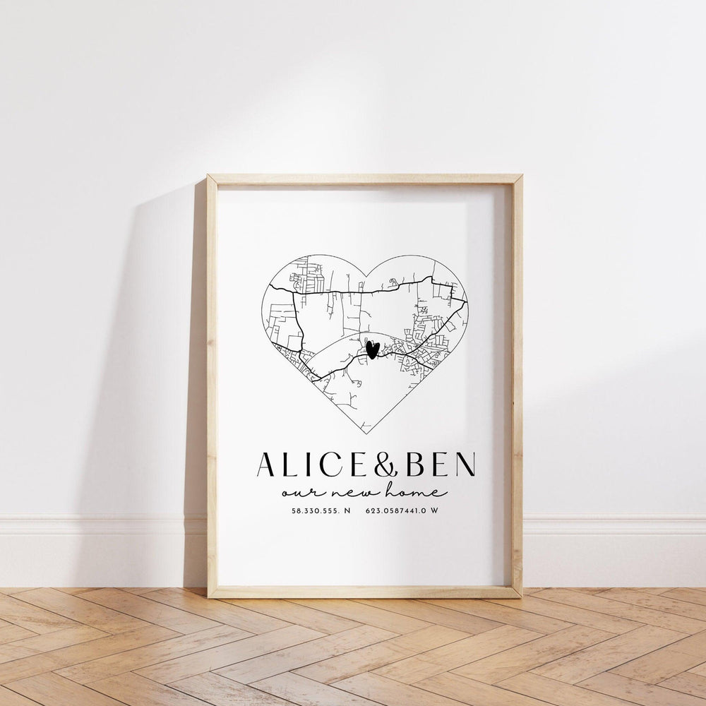 New Home Gift Map Print, New Home Heart Map, Personalised First Home Map, Personalised Housewarming Map Print, New Home Moving Gift Print