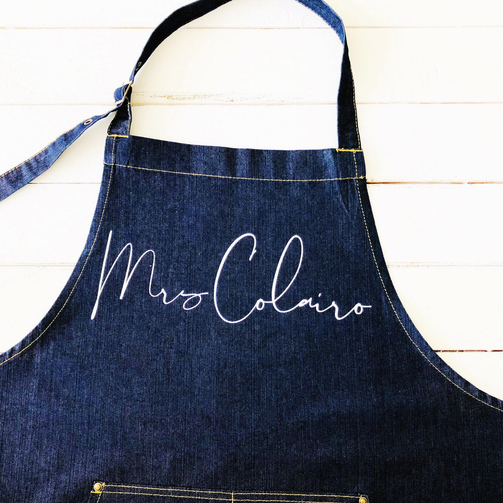 Mr and Mrs Gift Ideas | Personalised Denim Apron | Personalised Apron for Mr and Mrs | Gift ideas for Weddings | Him and Her Gift Ideas - Glam & Co Designs Ltd