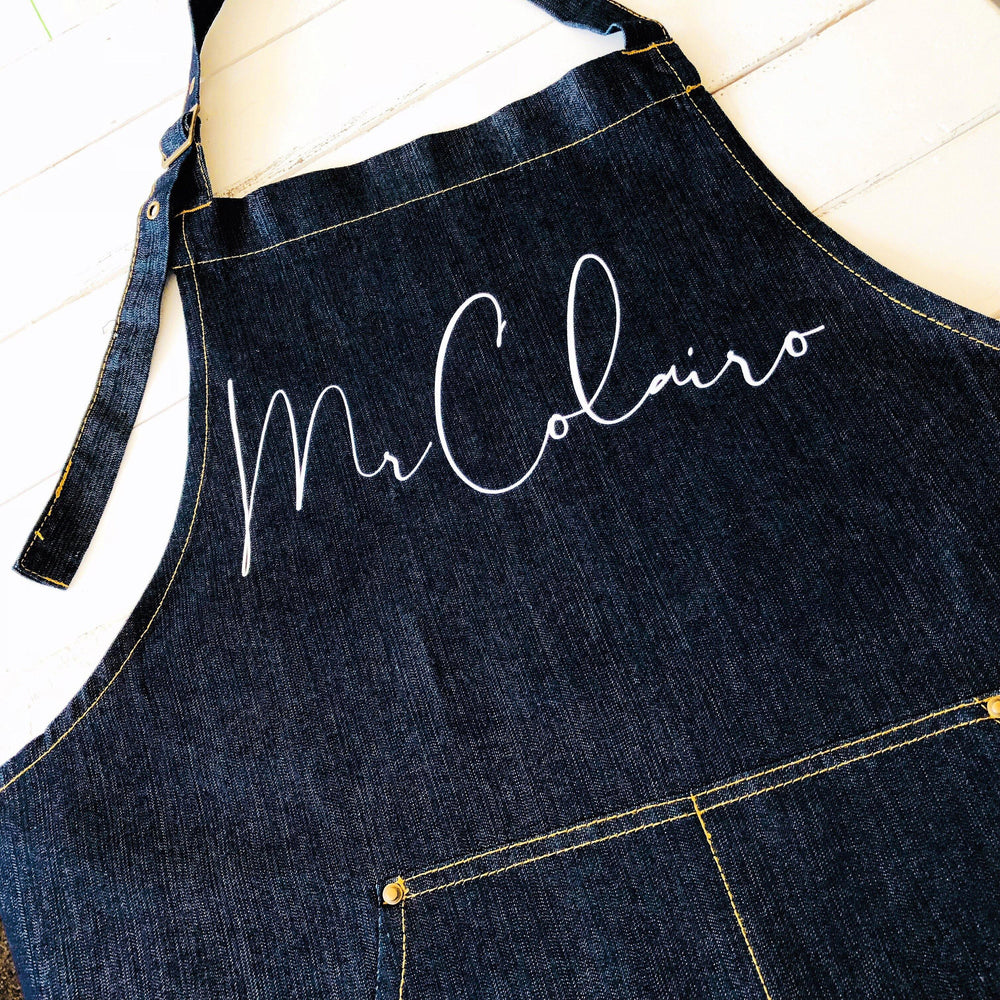 Mr and Mrs Gift Ideas | Personalised Denim Apron | Personalised Apron for Mr and Mrs | Gift ideas for Weddings | Him and Her Gift Ideas - Glam & Co Designs Ltd