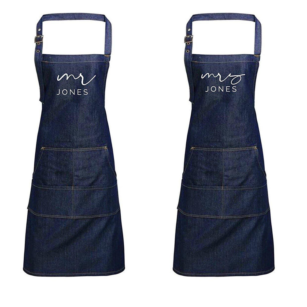 Mr and Mrs Gift Ideas | Personalised Denim Apron | Personalised Apron for Mr and Mrs | Gift ideas for Weddings | Him and Her Gift Ideas - Glam & Co Designs Ltd