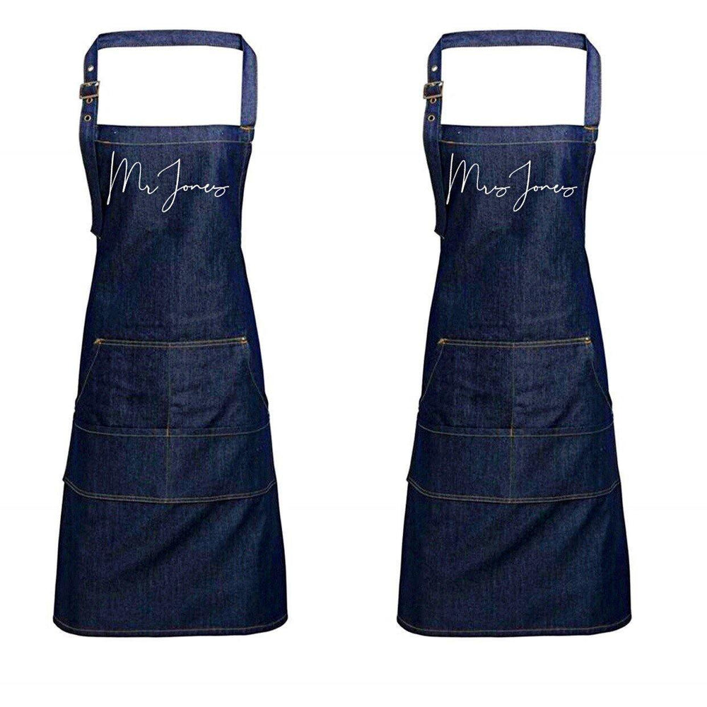 Mr and Mrs Gift Ideas | Personalised Denim Apron | Personalised Apron for Mr and Mrs | Gift ideas for Weddings | Him and Her Gift Ideas - Glam & Co Designs Ltd