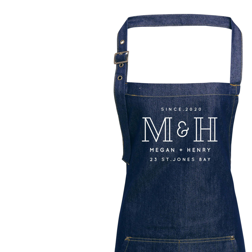 Mr and Mrs Gift Ideas | Personalised Denim Apron | Personalised Apron for Mr and Mrs | Gift ideas for Weddings | Him and Her Gift Ideas - Glam and Co 